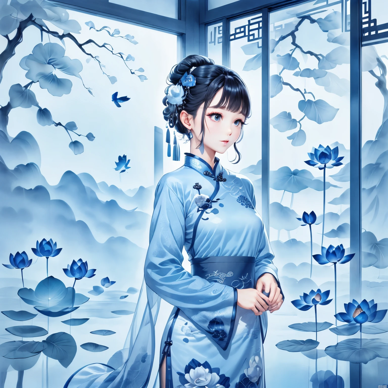 (masterpiece, best quality:1.2),Wavy hair secretary，solitary,Exquisite eyes,Fine black hair，( Smooth skin:1.2)( Wear a gorgeous and shining cheongsam:1.2)， Slender body proportions，Gorgeous room（（Intricate details））