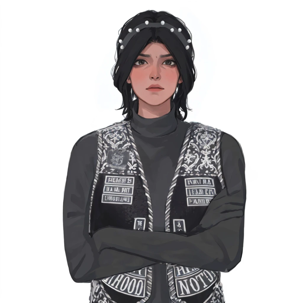 (masterpiece:1.2, best quality), (1girl, solo, upper body:1.2),flat face,Hair: buzz cut, Clothing: oversized, distressed denim jacket with patches and pins, paired with black skinny jeans and combat boots, Hanging out in an underground music venue or street art exhibit
