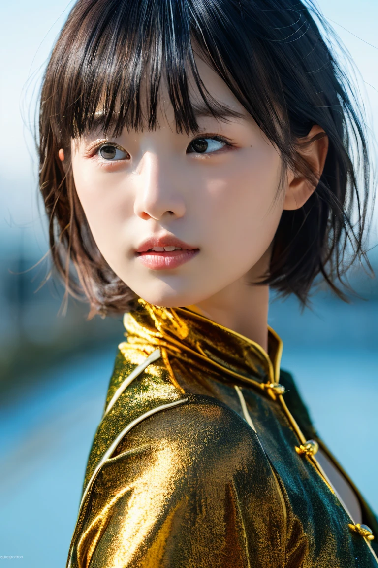 , Blown by the long wind [Blue-black:.3] hair,Show Viewer, (Tabletop:1.3), (8K, Realistic, RAW Photos, Highest quality: 1.4), Japanese, (One Girl), Beautiful Face, (Realistic Face), (Black hair, Short hair:1.3), Beautiful hairstyle, Realistic eyes, Beautiful details, (Realistic Skin), Beautiful Skin, charm, Ultra-high resolution, Surreal, Very detailed, Golden Ratio,((China dress;1,3))