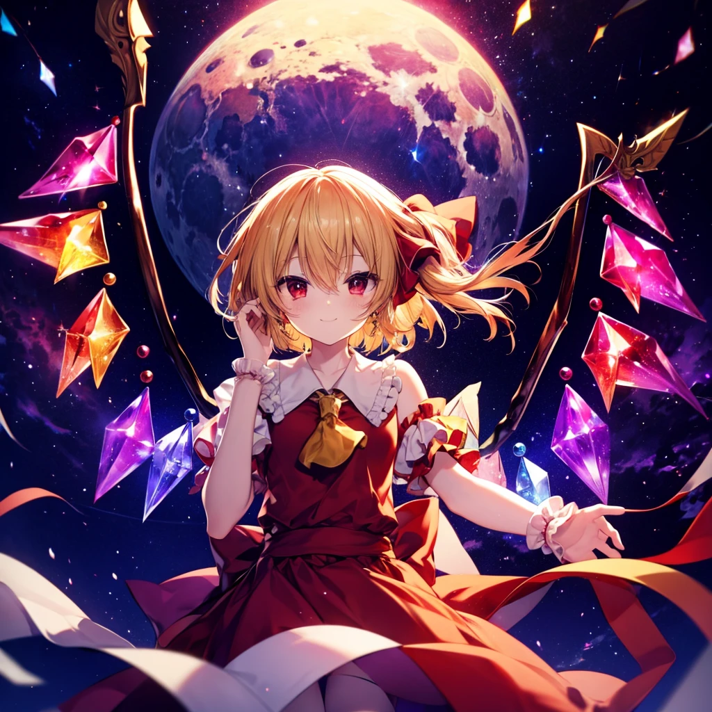 (((Fantasy Flandre Scarlet))) ((Flaming Spear Moonlit Night star smile drop down Catch the wind End of the Galaxy Broken glass)) (Shining Background Shining Edge)
