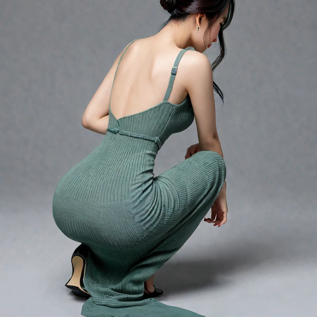 Realistic, high quality, Chinese woman wearing a maxi bodycon dress, knit dress, squatting down,rear view