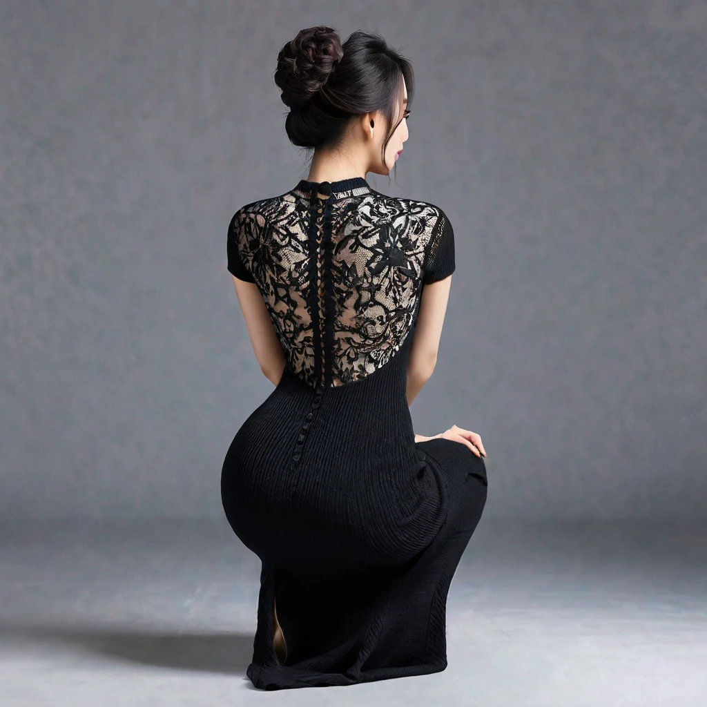 Realistic, high quality, Chinese woman wearing a maxi bodycon dress, knit dress, squatting down,rear view