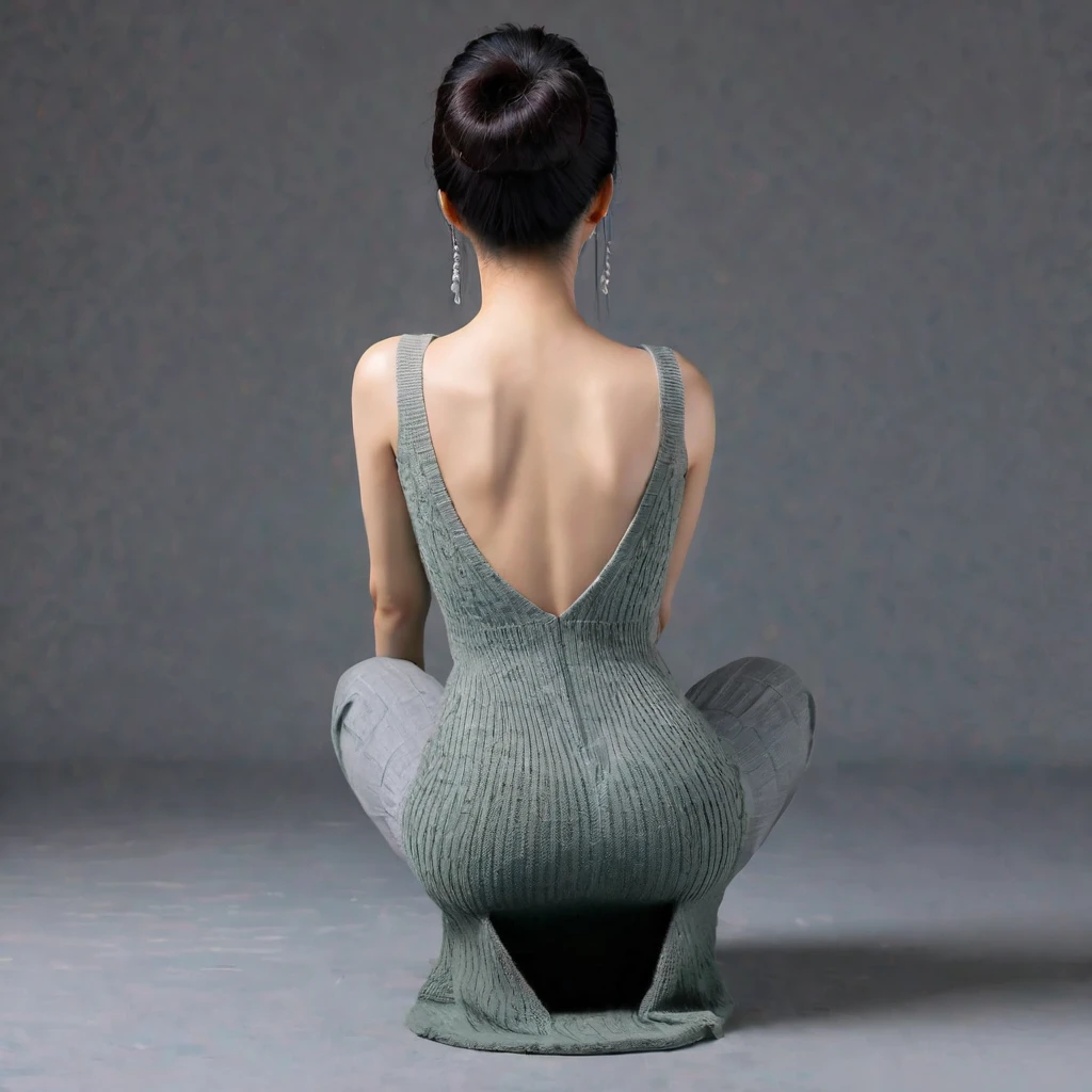 Realistic, high quality, Chinese woman wearing a maxi bodycon dress, knit dress, squatting down,rear view