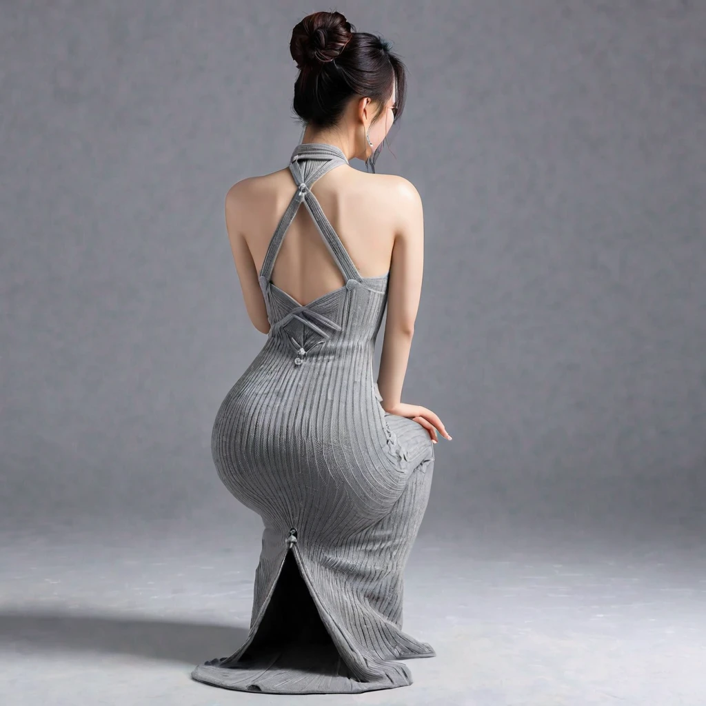 Realistic, high quality, Chinese woman wearing a maxi bodycon dress, knit dress, squatting down,rear view
