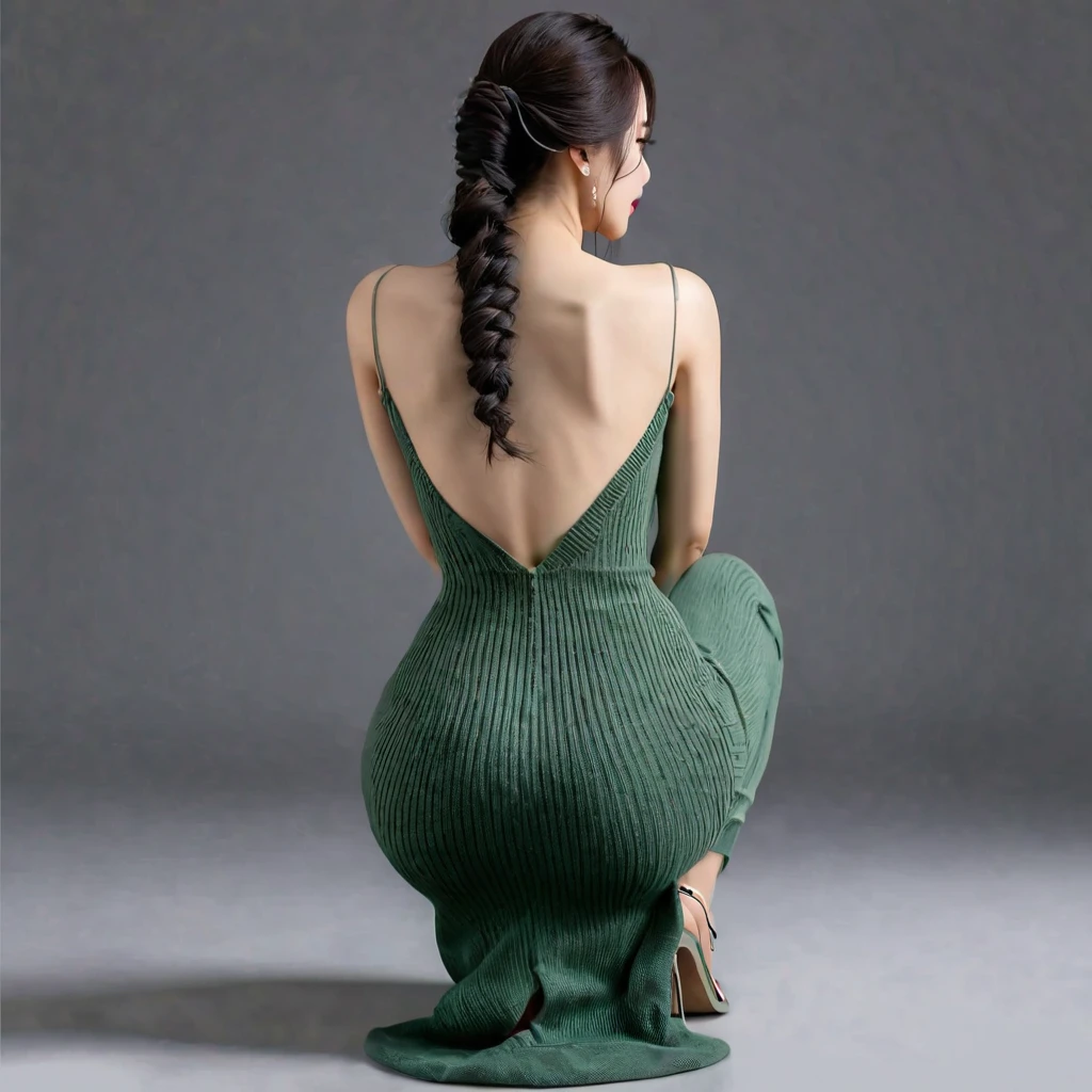Realistic, high quality, Chinese woman wearing a maxi bodycon dress, knit dress, squatting down,rear view