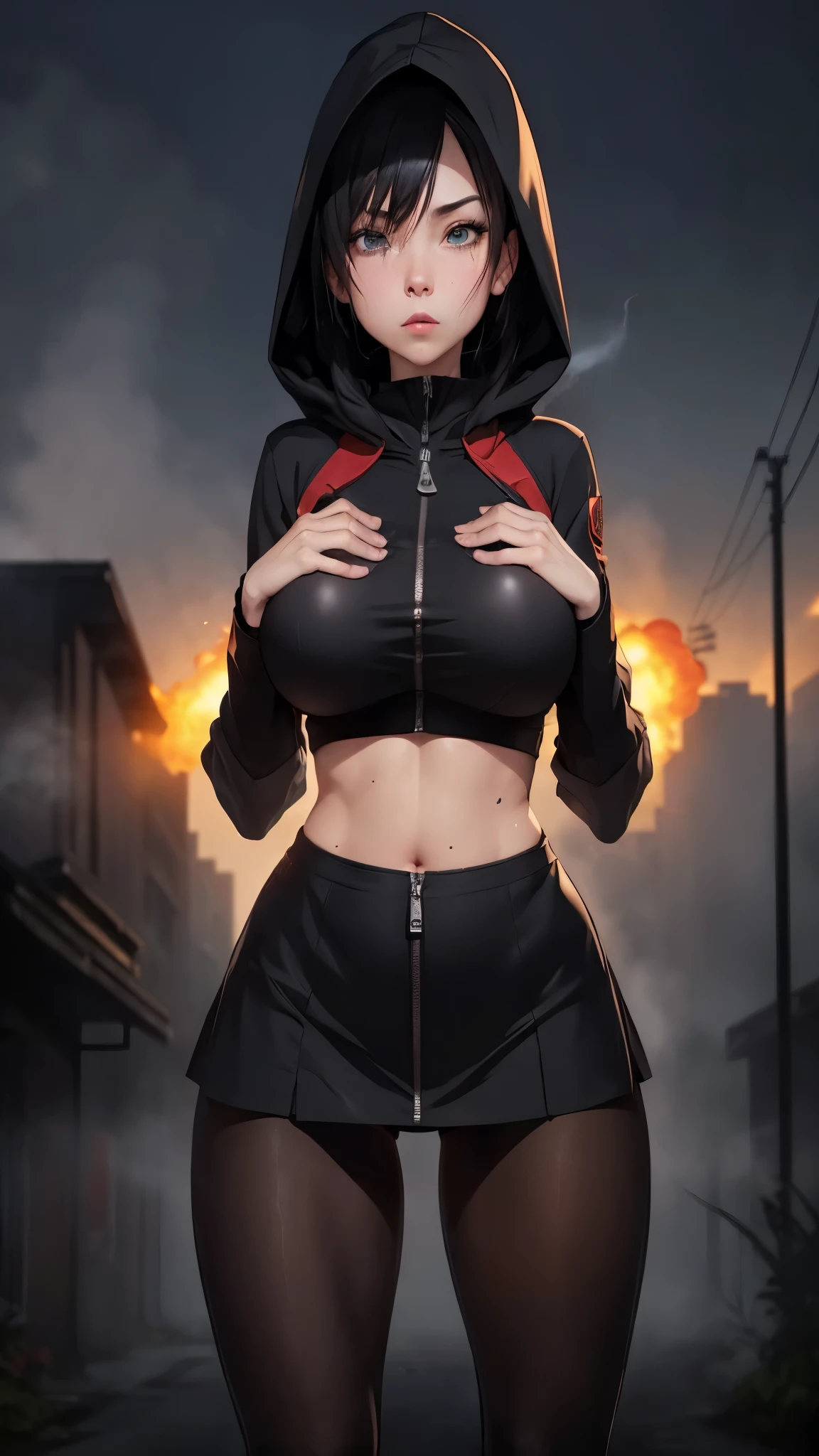 Silent hill city, fog, ((huge boobs)), ((huge hips)), darkness woman black hair, full zip coat black, long polo shirt, mini skirt, pantyhose, hood, gloves, fog, strong stance, boom, (nuclear explosive background), sweaty glow body, (((two hands closer:1.2)))