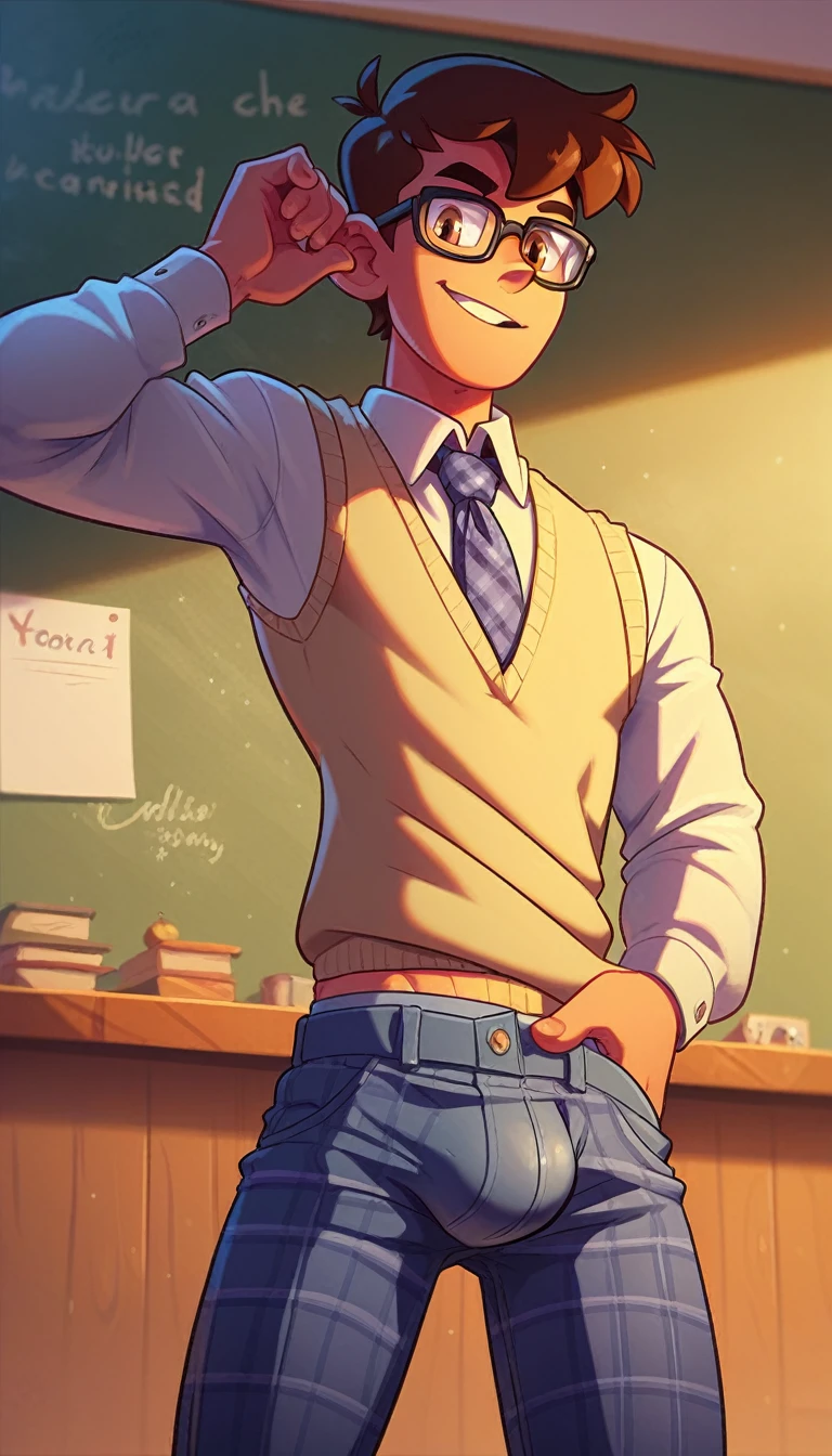 score_7, score_8, toon, (cartoon), 1man, ((solo)), nerd, a handsome man, brown hair, styled hair, hair to ears, bulge in pants, black glasses, in front of a chalkboard, skinny body type, teacher, sweater vest, tie, plaid pants