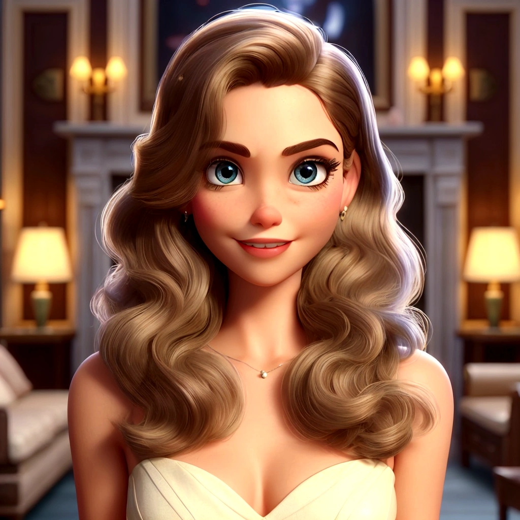 Pixar style image with 3D character white glasses brunette woman short curly hair dancing, Maquiagem Disney,Pescador, bonitinho, sorridente ,Close-up, Pixar, Disney, Cinema lighting,