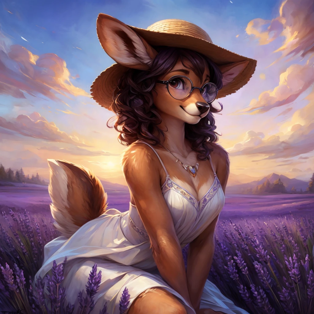 uploaded on e621, by Pixelsketcher, by Bayard Wu, by Thomas Benjamin Kennington , by Einshelm, by hioshiru and kenket, Chunie, portrait, solo anthro female deer doe, with small featureless breasts, clear dark blue, cinematic lighting, day, sunny day, lavender field, stays in a lavender field, lavender field background, mediterranean background, horizon background, shiny, short curly dark brown hair, wears big black nerd glasses, very very beautiful furry art, furry art, smiling, joyful, shiny, happy, feminine, cute face, muzzle, fluffy chest, flawless face, Fallow deer, 1girl, Sakimichan is beautiful, Masterpiece, Wavethesallow Face, shiny, Detailed image, portrait, Detailed image, portrait, full body, wears pure white spaghetti straps dress, wears big and wide beige summer straw hat, shiny, realistic face, perfect anatomy, hourglass body, (furry body:1.1), anthropomorphic deer, looks at the viewer, small fluffy tail, detailed background, (cute anatomy:1.1), stands in a lavender field
