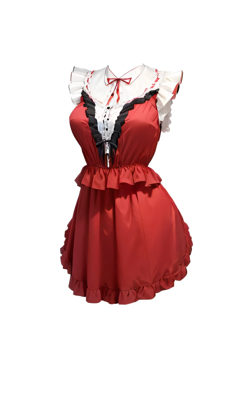 Close-up of a red dress with lace trim, Change, Ruffles, Rufflesy outfit, satin, , dressed in a Rufflesy ((Ragged)), silk, Ruffless, Amy rose red dress, Realistic clothing, Ruffles, server, dress, Maid costume, doom, return, heavy, scarlet, Change in dress