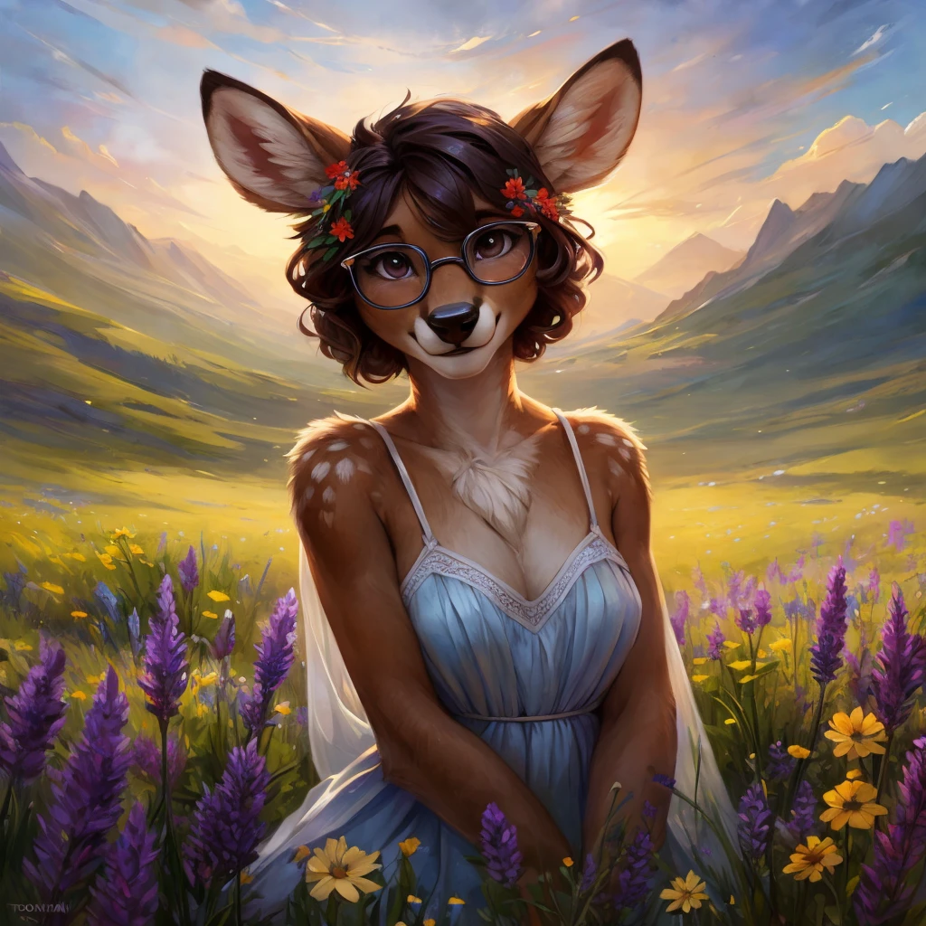 uploaded on e621, watercolor look, by Pixelsketcher, by Bayard Wu, by Thomas Benjamin Kennington , by Einshelm, by hioshiru and kenket, Chunie, portrait, solo anthro female deer doe, with small featureless breasts, clear dark blue, cinematic lighting, day, sunny day, lavender field, stays in a wildflowers field, wildflowers field background, mediterranean background, horizon background, shiny, short curly dark brown hair, wears big black nerd glasses, very very beautiful furry art, furry art, smiling, joyful, shiny, happy, feminine, cute face, muzzle, fluffy chest, flawless face, Fallow deer, 1girl, Sakimichan is beautiful, Masterpiece, Wavethesallow Face, shiny, Detailed image, portrait, Detailed image, portrait, full body, wears pure white short spaghetti straps dress, wears a wildflowers wreath, shiny, realistic face, perfect anatomy, hourglass body, (furry body:1.1), anthropomorphic deer, looks at the viewer, small fluffy tail, detailed background, (cute anatomy:1.1), stands in a wildflowers field