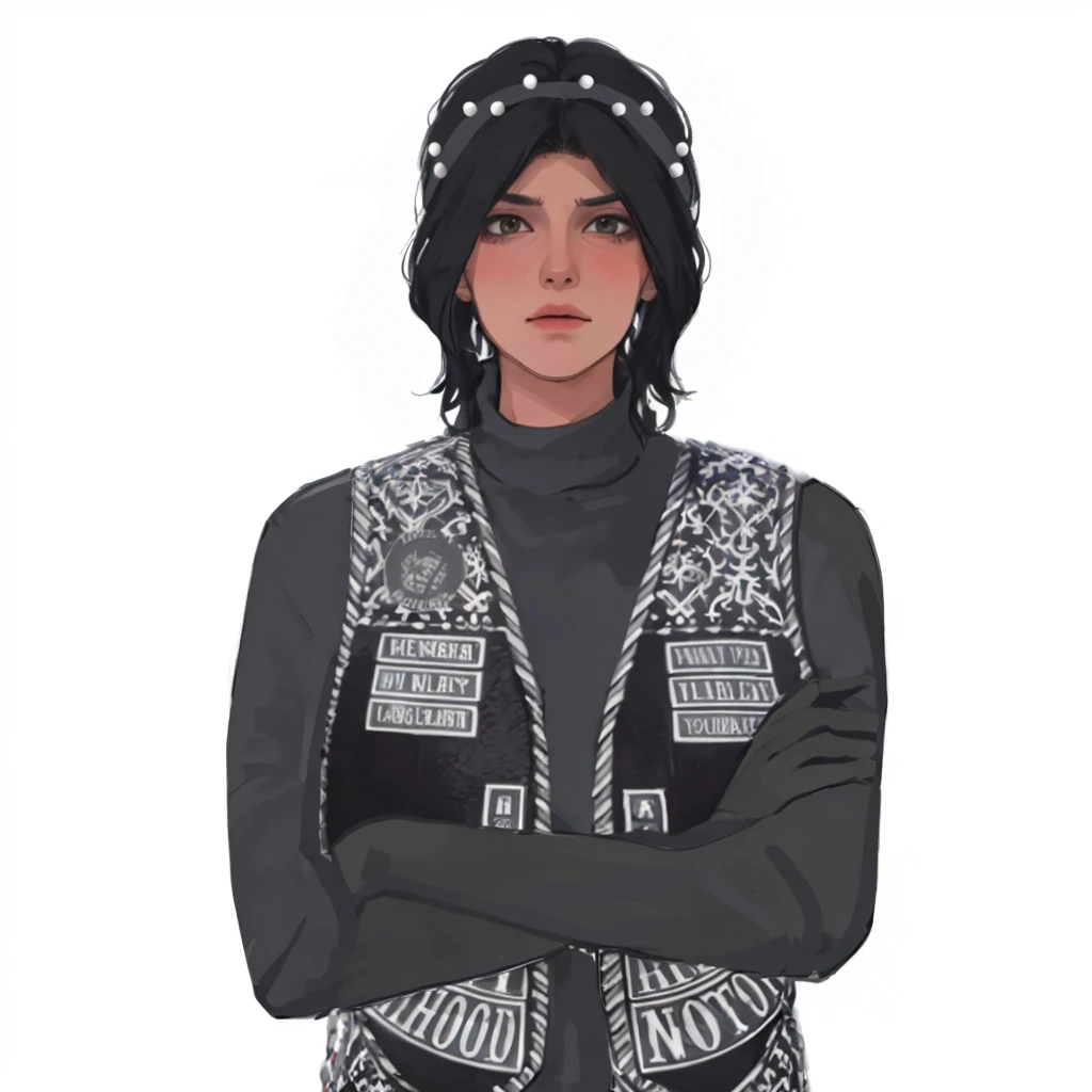 (masterpiece:1.2, best quality), (1girl, solo, upper body:1.2),flat face,Hair: buzz cut, Clothing: oversized, distressed denim jacket with patches and pins, paired with black skinny jeans and combat boots, Hanging out in an underground music venue or street art exhibit