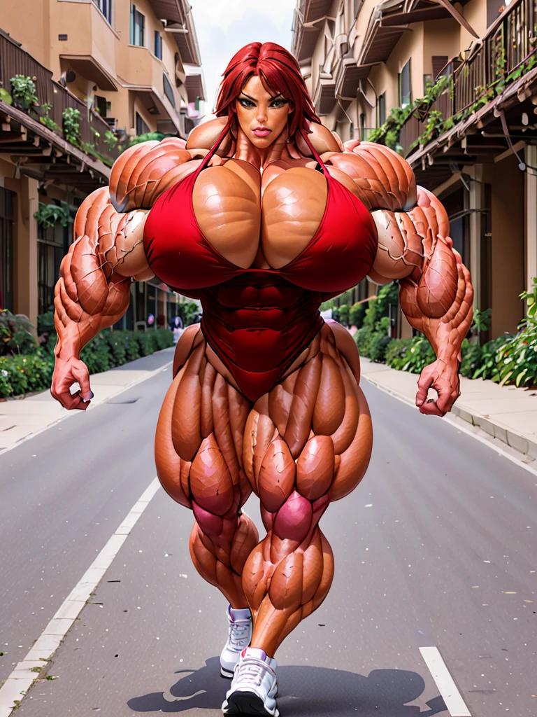 Huge muscle woman walking