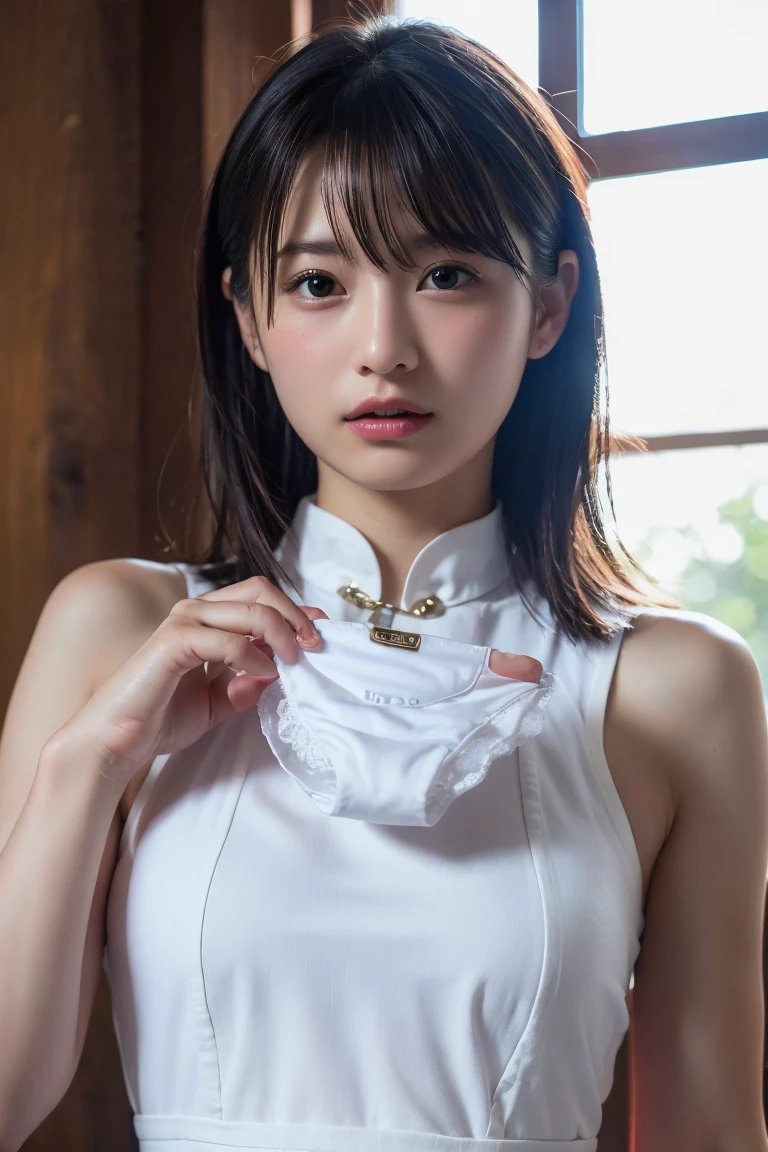 (8K, RAW Photos,Highest quality, High resolution:1.1), (Ultra-realistic:1.4),(Realistic, Realistic:1.3),The Beauty of Japan、((China dress:1.3))、((Upper Body:1.3)),holding panties 
