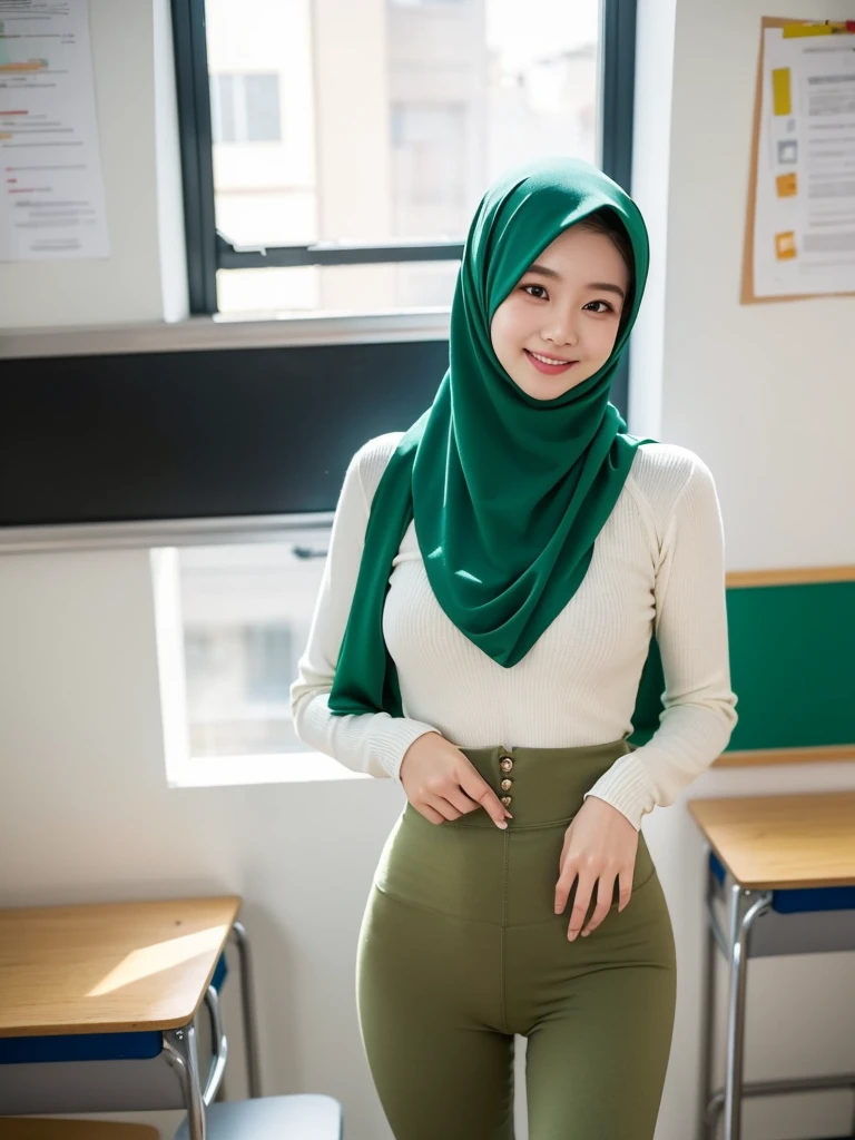 22 years old American teacher, green tight sweater tucked in the legging, high waist legging, green hijab, standing at the classroom, small breast, flat chest, no bra, smiling, greeting the viewers, say hi!.