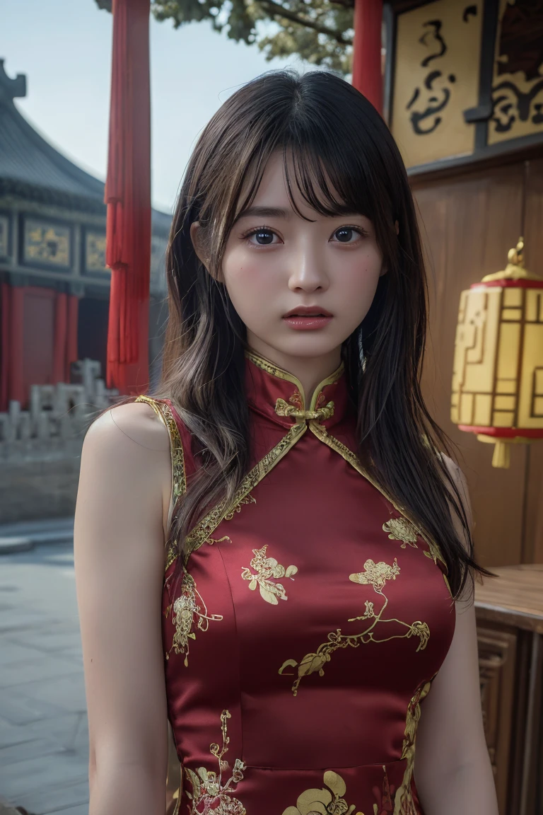(Highest quality:1.4),(masterpiece:1.4),(Realistic:1.4),(Realistic:1.2),(超High resolution, RAW Photos:1.4),(High resolution, Ultra-detailed:1.2),(8K:1.2),Movie Photos,a photo of a dark-haired,One girl,alone,wear ,((China dress:1.3))、((Upper Body:1.3))