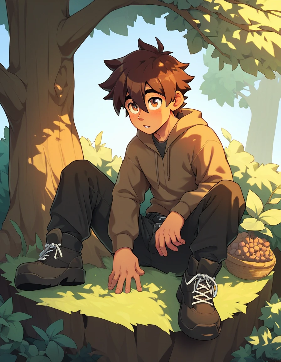 A man sitting against a tree in a forest during the day, wearing a brown hoodie and black cargo pants. The clothing is baggy and oversized, with long sleeves. He has dark brown, medium hair, hair between eyes, and brown eyes. The scene is well-detailed and of the highest quality