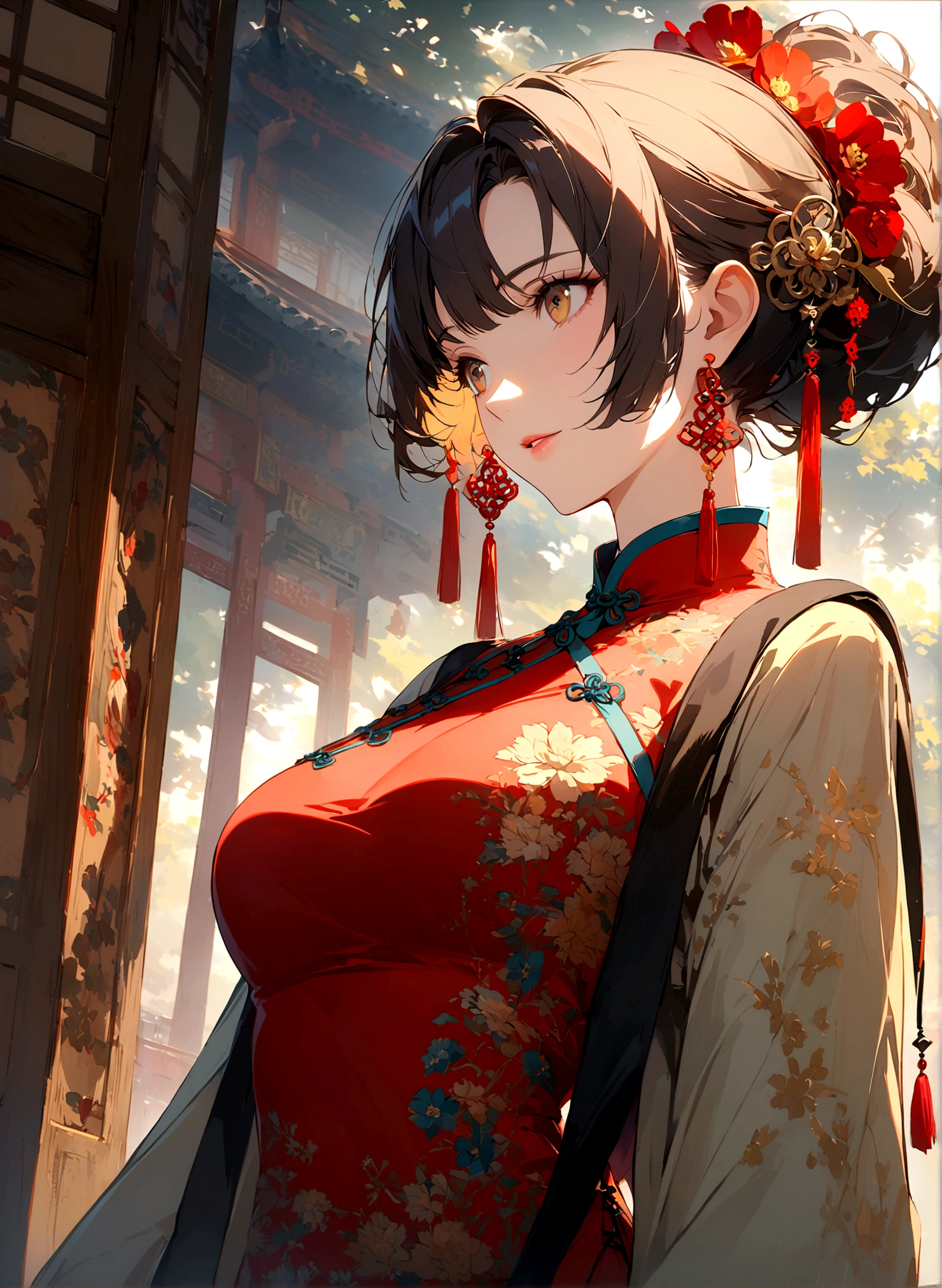 A woman in a qipao, elegant and graceful, adorned with exquisite embroidery and floral patterns. The traditional elements and oriental charm exude a classical and luxurious aura. The qipao features intricate details and a vintage style, enhanced by the play of light and shadow for a visually stunning effect. The artwork is rendered in high quality, showcasing the beauty of the traditional Chinese dress.