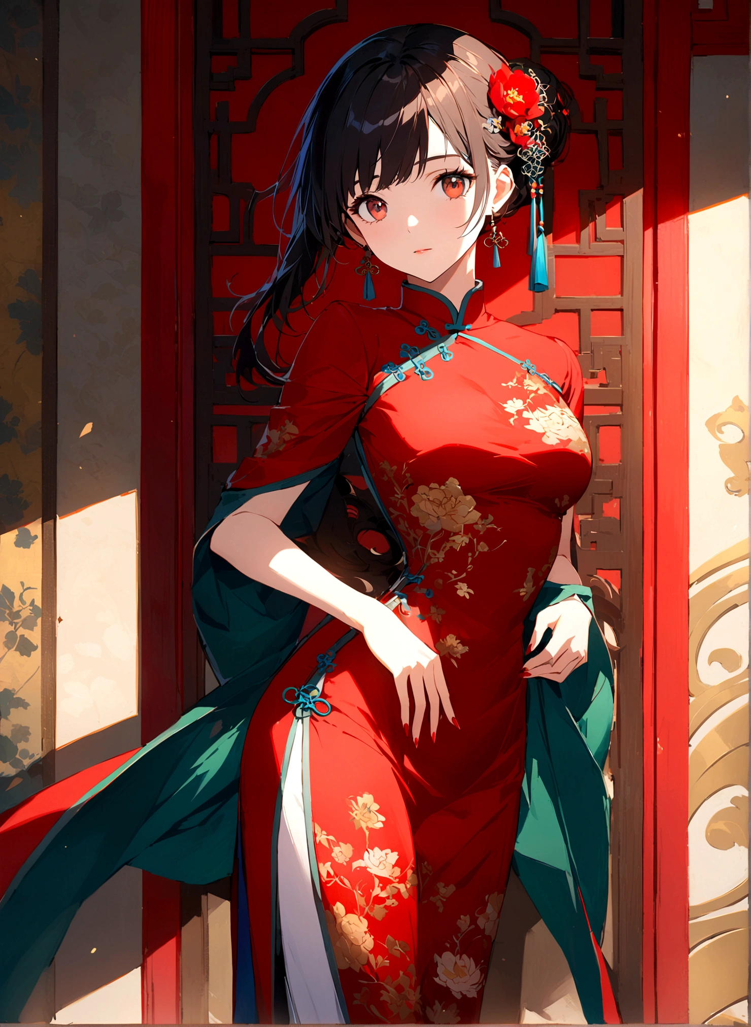 A woman in a qipao, elegant and graceful, adorned with exquisite embroidery and floral patterns. The traditional elements and oriental charm exude a classical and luxurious aura. The qipao features intricate details and a vintage style, enhanced by the play of light and shadow for a visually stunning effect. The artwork is rendered in high quality, showcasing the beauty of the traditional Chinese dress.