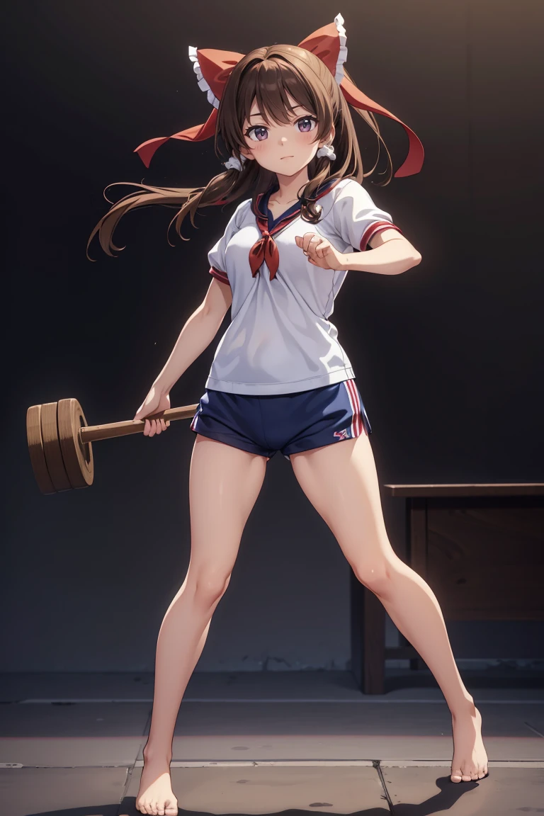Reimu Hakurei, (Brown eyes:1.5), Brown Hair, bow, hair bow, Hair Tube, Long Hair, red bow, Side Lock, (((Slender body)))、(Navy blue cuffs and white short-sleeved gym uniform)、(Navy Blue Bloomers)、(
barefoot)、Navy blue socks、sports boots、Ground、Schoolyard、Sexy pose、
BREAK Watch Viewers,blush、
Full Body Shot,Smile Break (masterpiece:1.2), Highest quality, High resolution, unity 8k wallpaper, (figure:0.8), (Beautiful attention to detail), Highly detailed face, Perfect lighting, Highly detailed CG, (Perfect hands, Perfect Anatomy),Dynamic pose,