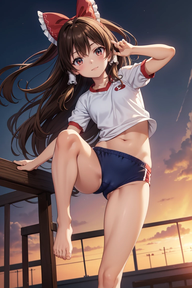Reimu Hakurei, (Brown eyes:1.5), Brown Hair, bow, hair bow, Hair Tube, Long Hair, red bow, Side Lock, (((Slender body)))、(Navy blue cuffs and white short-sleeved gym uniform)、(Navy Blue Bloomers)、(
barefoot)、Navy blue socks、sports boots、Ground、Schoolyard、Sexy pose、
BREAK Watch Viewers,blush、
Full Body Shot,Smile Break (masterpiece:1.2), Highest quality, High resolution, unity 8k wallpaper, (figure:0.8), (Beautiful attention to detail), Highly detailed face, Perfect lighting, Highly detailed CG, (Perfect hands, Perfect Anatomy),Dynamic pose,