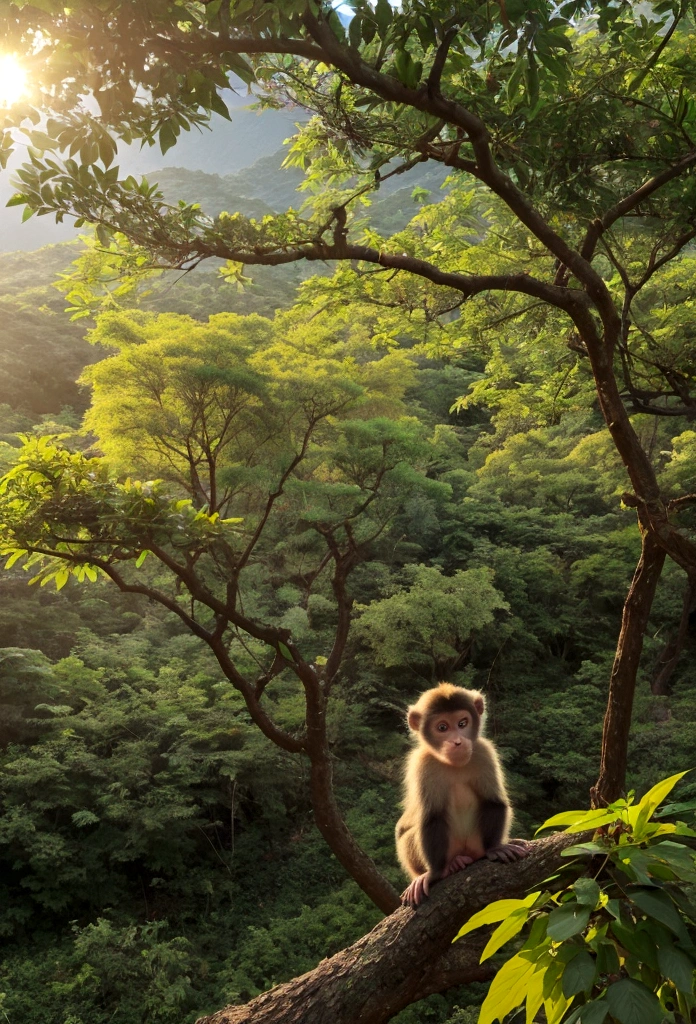 Showing a vibrant Huaguo Mountain,The morning light shines through the dense leaves on the ground,Birds sing in the branches。
Narration:In the distant Huaguo Mountain,Inhabited by countless creatures,Among them is a lively and cute little monkey,