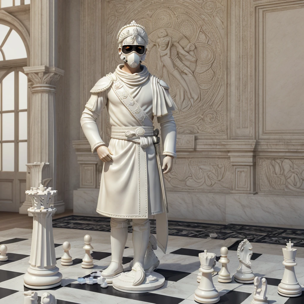 (Top quality, ultra-high quality, ultra-high definition, realistic masterpiece, extremely detailed CG illustration: 1.1) Ivory sculpture, one boy, (((Mini cute boy))) ((Standing on a pedestal, milky white statue, cake piece, all white)) (moon-shaped eye patch on right eye, red eye patch, black-eyepatch, decorated, leather, gas mask, samurai uniform, sword hanging from shoulder) (On a white pedestal, (chess board) (3D CG unified in milky white) (Historical masterpiece) Looking at me (Professional photo)