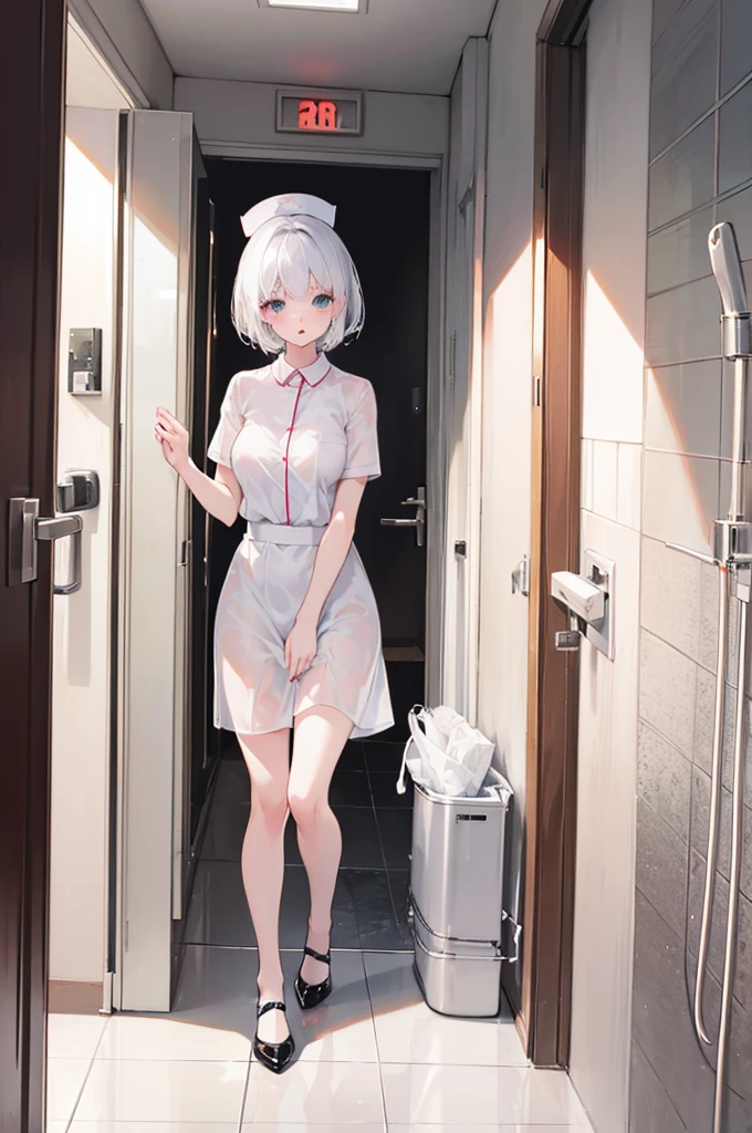 1 girl, white short hair, white shirt and skirt nurse, cat hair style, wet, rainy, in a hotel, Perlica, shouting, white underwear, cum, cat hair, black heels, medium