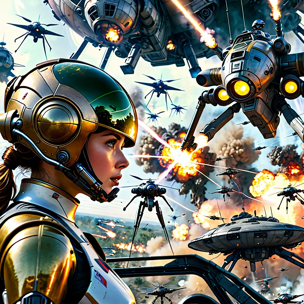 War of the Worlds,Countless fighters,Cockpit perspective,planetes,in fighting,close battle,Crisis,Nervousness,explosions,tragedy,droid,Masterpiece,high-detail,perfect-composition,the golden ratio,8K, woman soldier