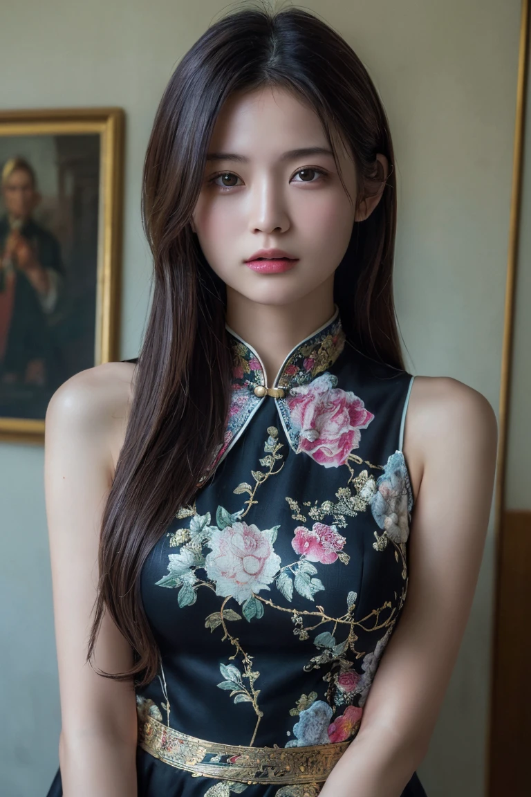 (Highest quality:1.4),(masterpiece:1.4),(Realistic:1.4),(Realistic:1.2),(超High resolution, RAW Photos:1.4),(High resolution, Ultra-detailed:1.2),(8K:1.2),Movie Photos,a photo of a dark-haired,One girl,alone,wear ,((China dress))、((Upper Body:1.3))