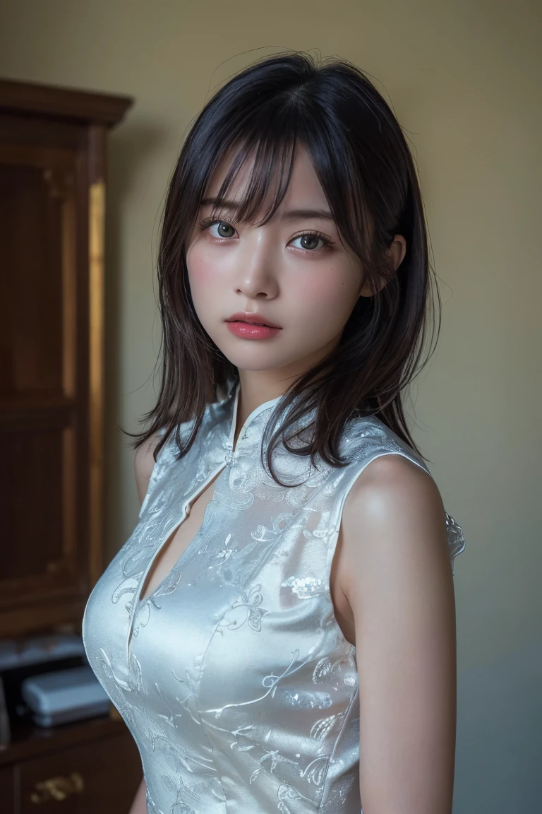 (Highest quality:1.4),(masterpiece:1.4),(Realistic:1.4),(Realistic:1.2),(超High resolution, RAW Photos:1.4),(High resolution, Ultra-detailed:1.2),(8K:1.2),Movie Photos,a photo of a dark-haired,One girl,alone,wear ,((China dress))、((Upper Body:1.3))