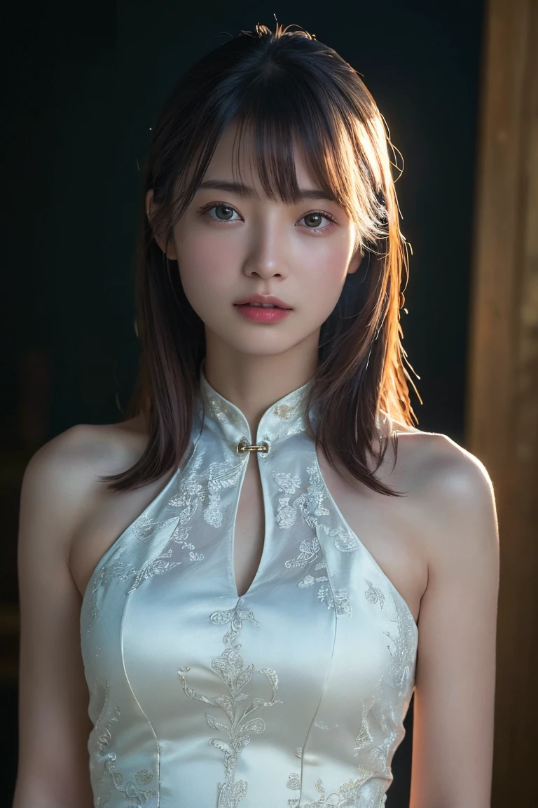 (Highest quality:1.4),(masterpiece:1.4),(Realistic:1.4),(Realistic:1.2),(超High resolution, RAW Photos:1.4),(High resolution, Ultra-detailed:1.2),(8K:1.2),Movie Photos,a photo of a dark-haired,One girl,alone,wear ,((China dress))、((Upper Body:1.3))