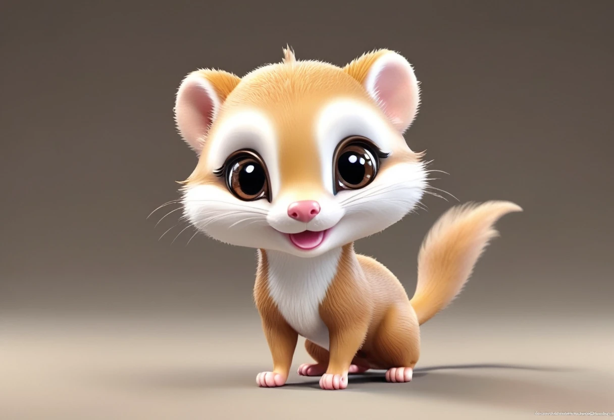 Chibi-style 3D weasel with exaggerated features, large head, huge sparkling eyes, tiny body, short limbs, radiating joy, positioned center frame, cute and endearing aesthetic, full-body view, soft fur texture, cheerful expression, embraced by warm, soft lighting, ultra fine details, digital render.