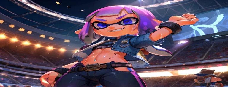 (1girl, inkling, inkling hair, epic shot, awesome, denim jacket, sweat pants, holding victory belt, stadium, winner, detailed eyes, detailed lips, extremely detailed face, long eyelashes, cinematic lighting, photorealistic, 8k, highly detailed, masterpiece, vibrant colors, motion blur), big smile, celebration, trophy, crop top, hands in air