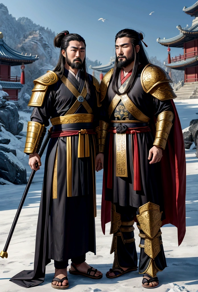 Two men in costumes stand side by side, from Three Kingdomss, Guan Yu, chinese Three Kingdomss, Three Kingdomss, by Emperor Xuande, inspired by Emperor Xuande, yiqiang and shurakrgt, Chinese armor, CG Society UHD 4K is very detailed, Wallpaper Background, Three Kingdoms, cinematic cgsociety, very detailed movie, 4K post