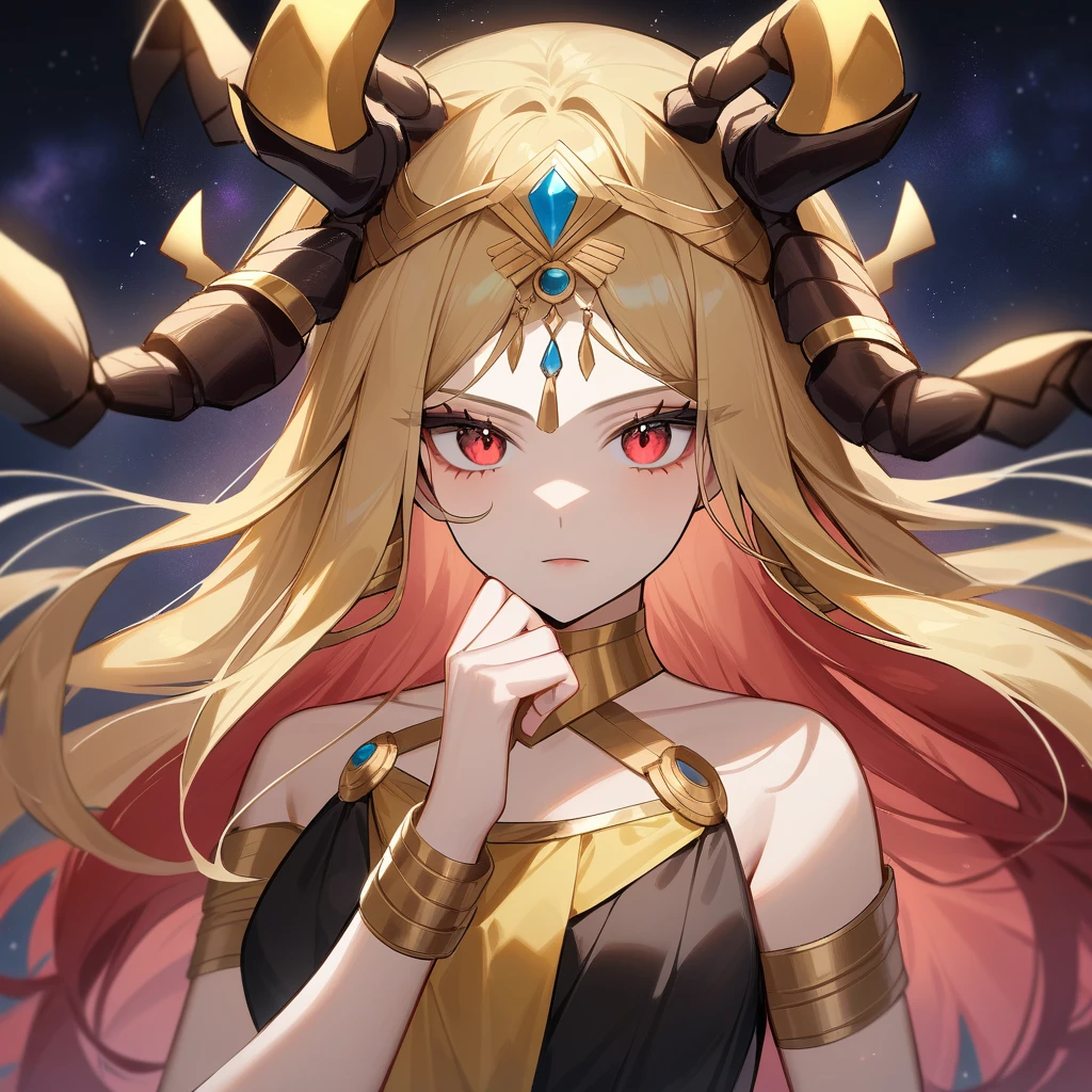 （Yellow plum、high quality、Very detailed），Constellation Scorpio Goddess，Huge reddish black scorpion，A woman intimidating a Scorpio，Similar to the goodness of Latin，Brave，Whimsical，productivity，The face of progress and humanitarianism，Long golden hair，Ancient Greek Costume、Wrap dress，The background is space，Crystal Red Eye（Eye details），A powerful look