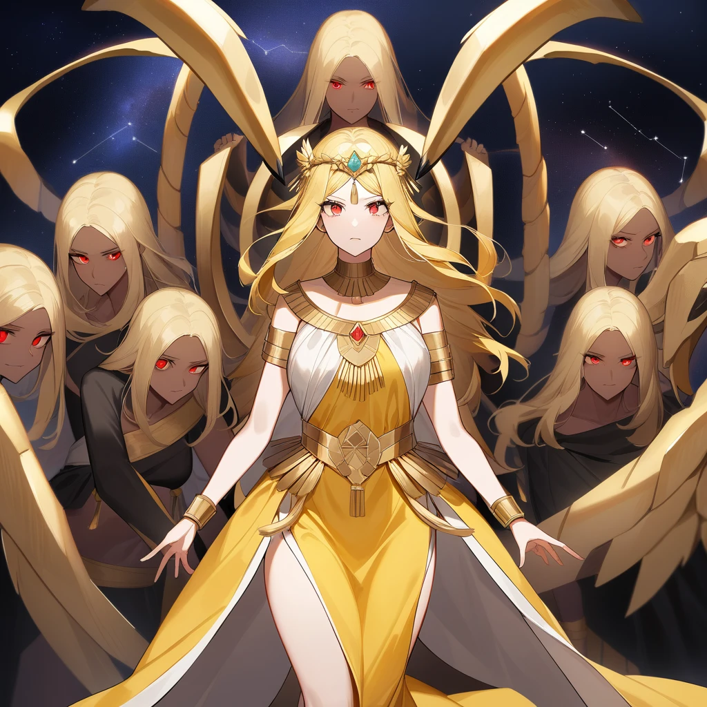 （Yellow plum、high quality、Very detailed），Constellation Scorpio Goddess，Huge reddish black scorpion，A woman intimidating a Scorpio，Similar to the goodness of Latin，Brave，Whimsical，productivity，The face of progress and humanitarianism，Long golden hair，Ancient Greek Costume、Wrap dress，The background is space，Crystal Red Eye（Eye details），A powerful look