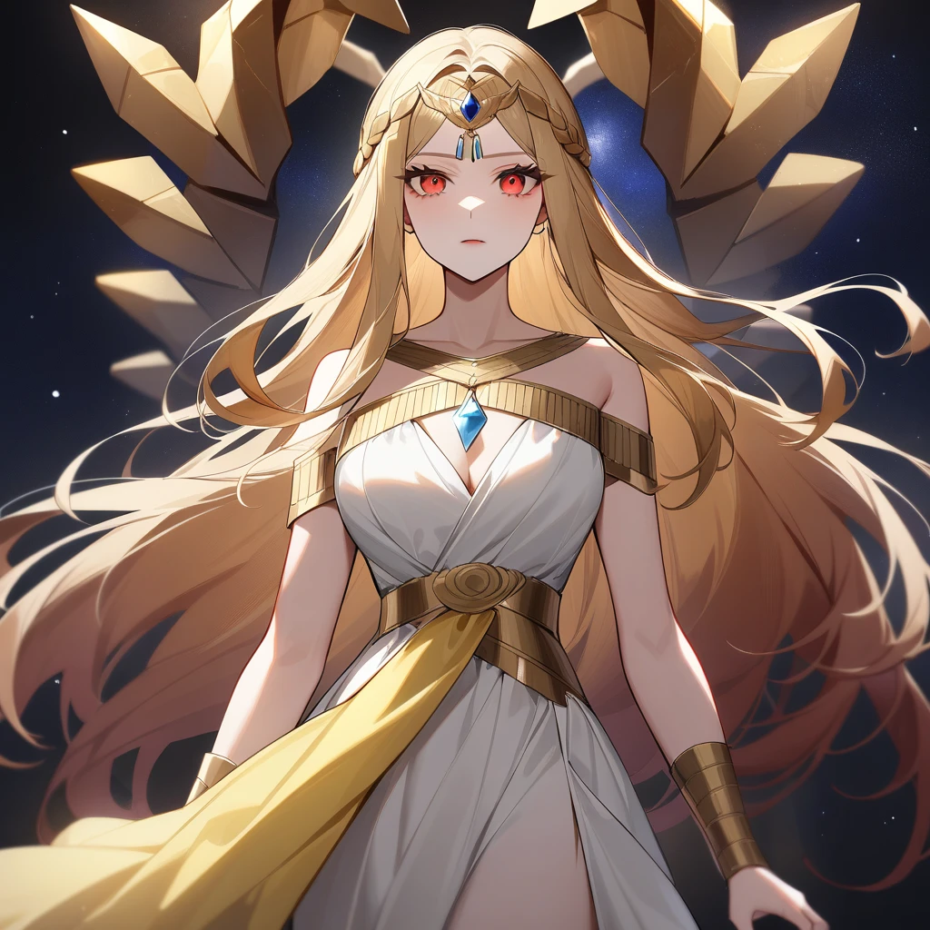 (Yellow plum、high quality、Very detailed),Constellation Scorpio Goddess,Huge reddish black scorpion,A woman intimidating a Scorpio,Similar to the goodness of Latin,Brave,Whimsical,productivity,The face of progress and humanitarianism,Long golden hair,Ancient Greek Costume、Wrap dress,The background is space,Crystal Red Eye(Eye details),A powerful look