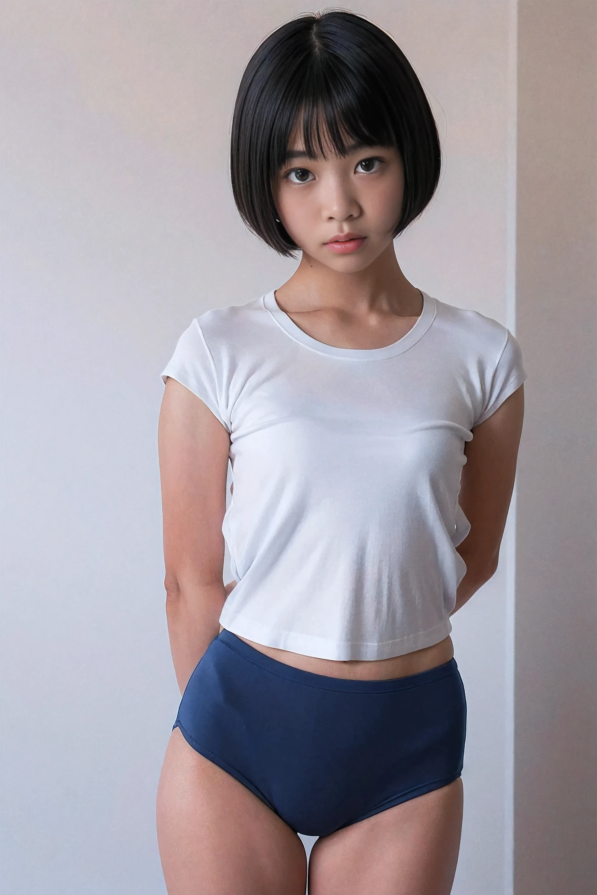 Picture taken from the front, with the left and right sides equally spaced, draw symmetrically, simple background, equally spaced left and right, stand upright, cowboy shot, (arms behind back:1.5), One girl, 18 years old, very short hair, ((white t-shirt, navy blue panties))