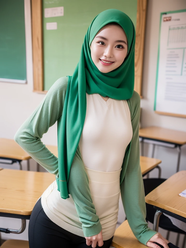 22 years old American teacher, pastel green long sleeves sweater tucked in the legging, high waist legging, green hijab, standing at the classroom, small breast, flat chest, no bra, smiling, greeting the viewers, say hi!.