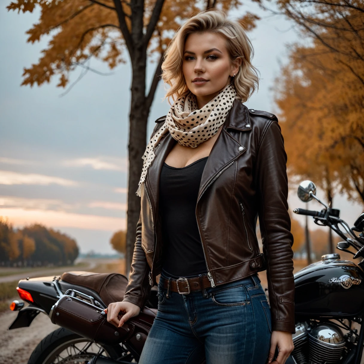 photorealistic, cinematic, raw photo, low angle shot, woman, 29 years old, blond hair, hourglass body shape, big breast ,pixie hairstyle, wearing dark brown biker leather jacket, beige silk scarf with white polka dots, standing next to a motorcycle, autumn, evening, happy,