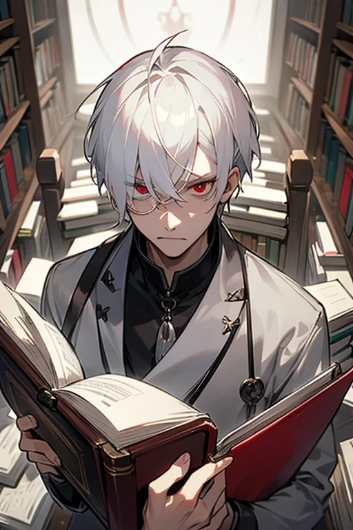 male、White Hair、Short Hair、Red Eye、Cold-blooded man、Handsome、Cold Face、Well-formed face、Eyeglass Chain、Library、library、Book in hand、Quill pen in hand、concentrated、