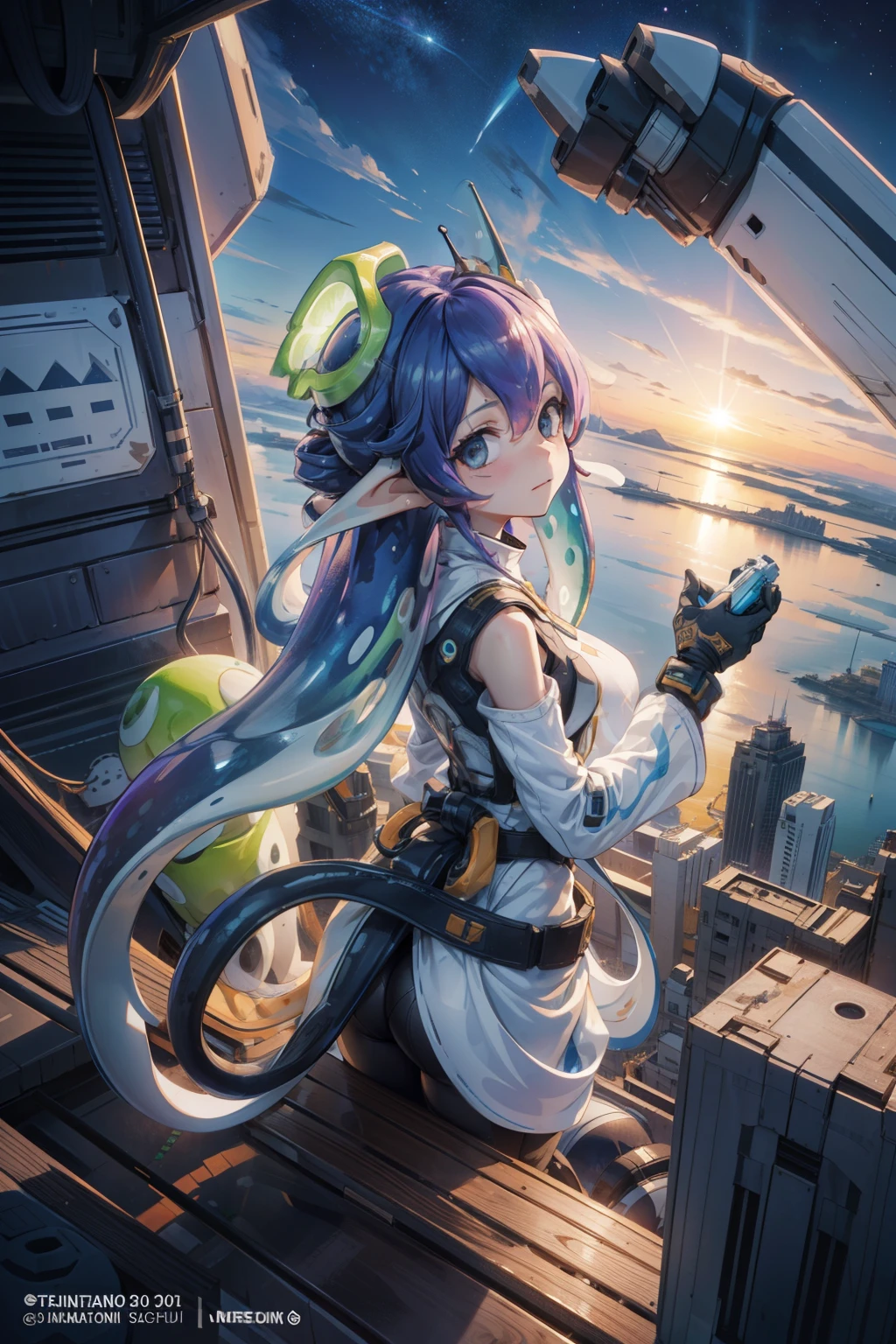 aerial photograph，From above、Giant Splatoon Girl 20,000 feet high，Weight: 1000kg，Waist-length tentacle hair，Gradient colored tentacle hair，Crown，She&#39;s wearing cute white sandals，White punk gloves，Black Lace Pantyhose，Pantyhose decorated with ribbons and stars，Micro Mini Skirt、黑色蕾丝whole body，Standing tall in a small town，Beautiful appearance，Beautiful Face、A slightly thinner face、Golden Eyes、gigantic breast、Cleavage、Exquisite makeup，quality，8K，高quality，Perfect Proportions, Cinema Lighting，Film Grain，Colors of Fuji，8K，Textured skin，Super Detail，High detail，High resolution，smile，blush、whole body，slender，feather、Real Anime、3d、