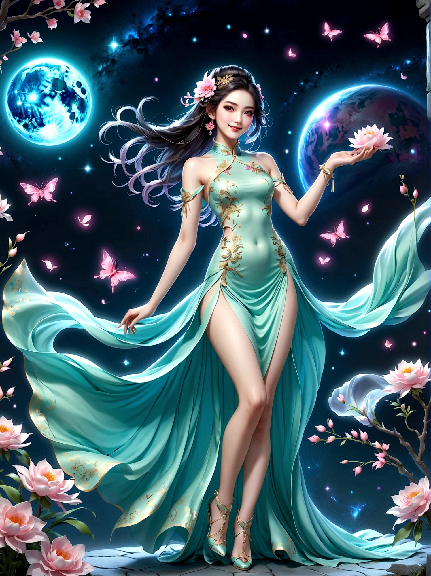 (full-body shot:1.4), Space Art, 1 Cheongsam woman，whole body，Standing，Transparent robotic arm，slim body，Perfect proportions，Exquisite hair accessories，Smile，Transparent mechanical shoes，Oriental elements，(bokeh)，high quality，4K，3d