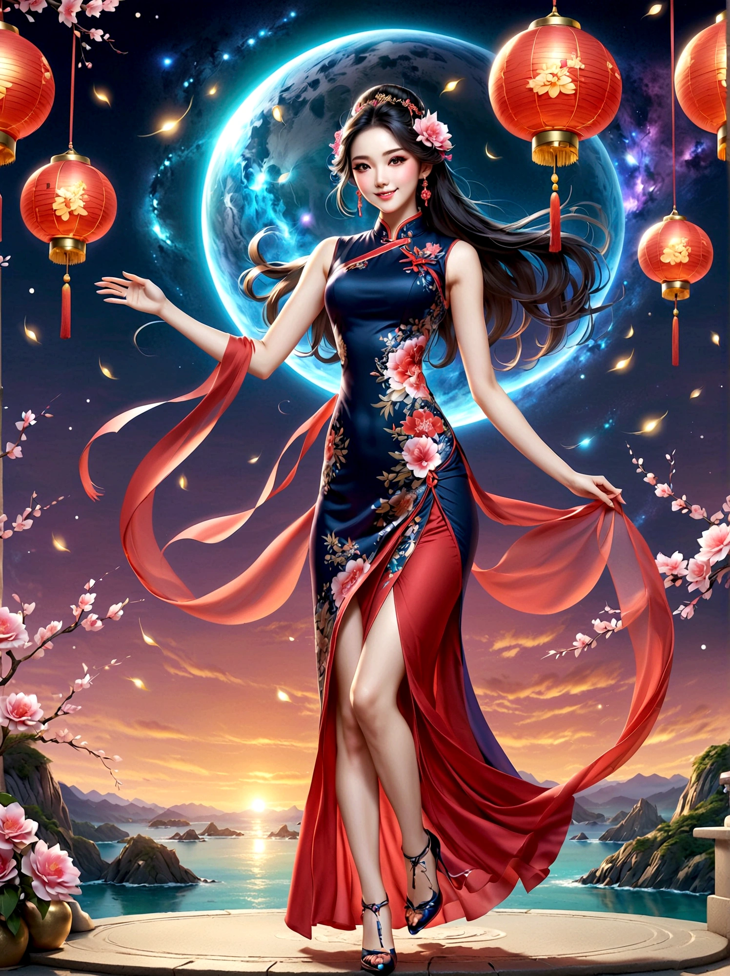 (full-body shot:1.4), Space Art, 1 Cheongsam woman，whole body，Standing，Transparent robotic arm，slim body，Perfect proportions，Exquisite hair accessories，Smile，Transparent mechanical shoes，Oriental elements，(bokeh)，high quality，4K，3d