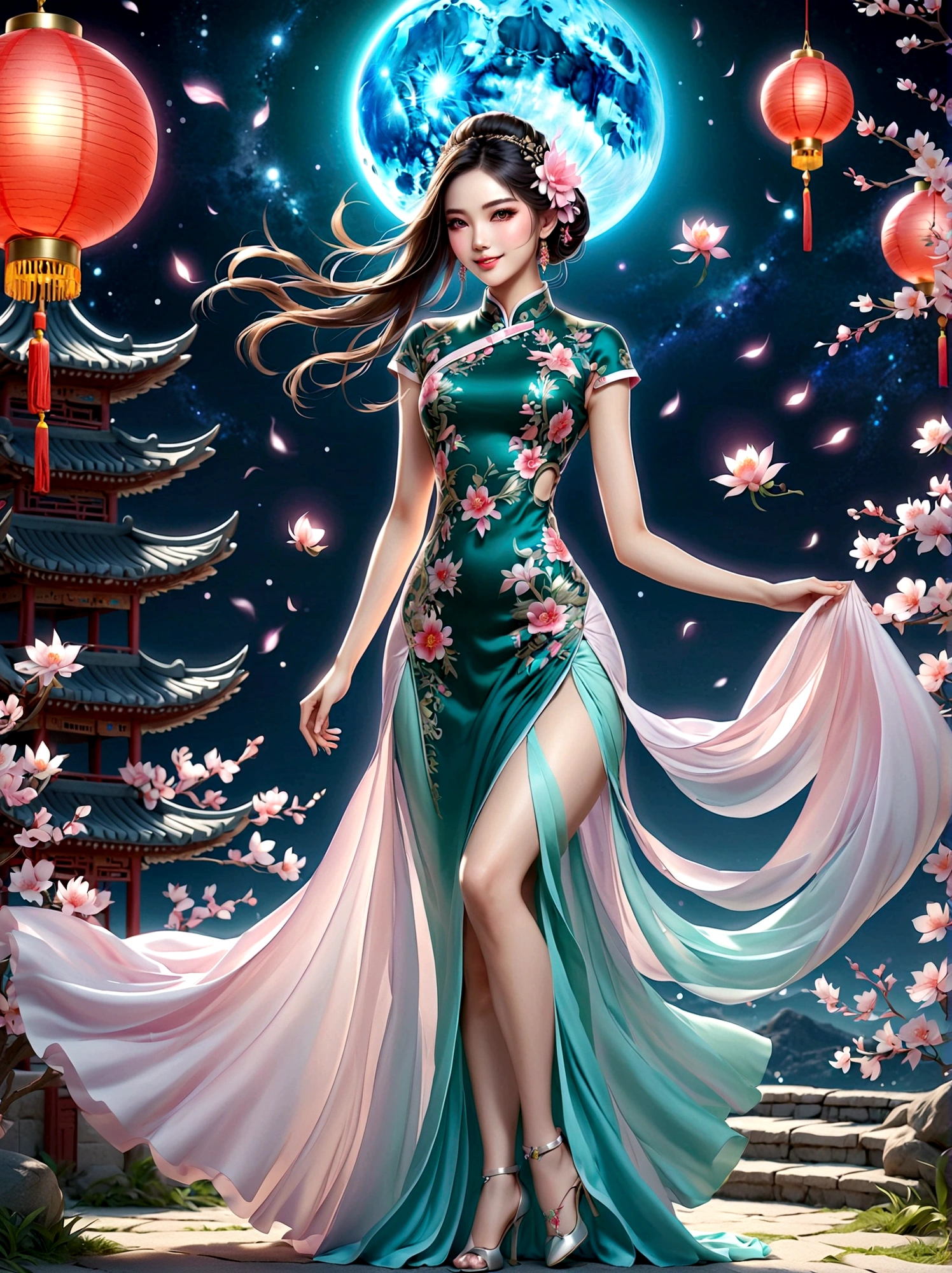 (full-body shot:1.4), Space Art, 1 Cheongsam woman，whole body，Standing，Transparent robotic arm，slim body，Perfect proportions，Exquisite hair accessories，Smile，Transparent mechanical shoes，Oriental elements，(bokeh)，high quality，4K，3d