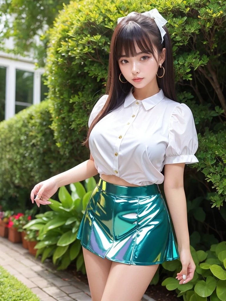 Beautiful woman、Plump body、Big Tits、Earrings、Are standing、Ribbon in hair、Short sleeve blouse、Vinyl micro mini skirt、garden、(Shiny skin:1.3)、From the thigh up