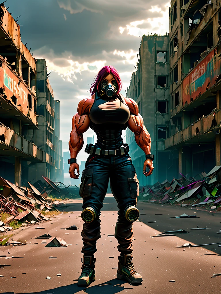 muscular woman, gas mask, post-apocalyptic world, cyberpunk, futuristic, dystopian, dramatic lighting, cinematic, powerful, heroic, gritty, desolate landscape, ruins, abandoned city, crumbling buildings, cloudy sky, dramatic shadows, vibrant colors, neon lights, high contrast, hyper-detailed, photorealistic, 8k, best quality