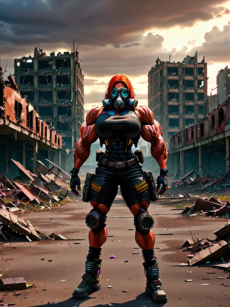 muscular woman, gas mask, post-apocalyptic world, cyberpunk, futuristic, dystopian, dramatic lighting, cinematic, powerful, heroic, gritty, desolate landscape, ruins, abandoned city, crumbling buildings, cloudy sky, dramatic shadows, vibrant colors, neon lights, high contrast, hyper-detailed, photorealistic, 8k, best quality