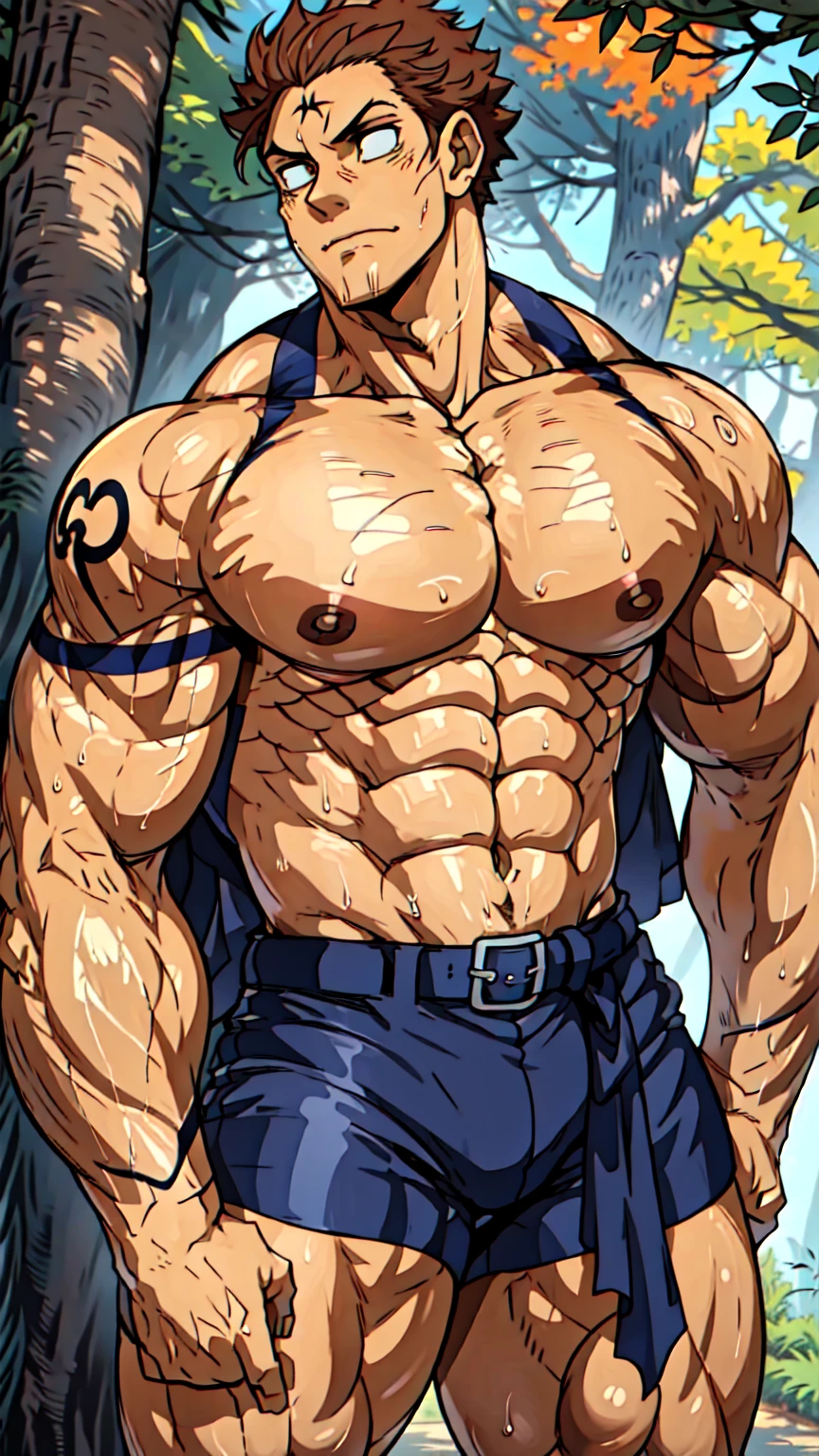 Youthful feeling,( Tattoo),(Thick body hair),Upper body,(He was wearing baggy shorts,Revealing his length, muscular, hairy),(Leaning against a tree),(For the audience) ,(Put his hands on his waist), (Focus on your audience) ,(There is a huge bulge in the area),sideways,Sharp eyes,(Thick dark brown hair),(Bottom-up view),Broad shoulders,Muscles protrude a lot,Highest image quality,cartoon ,Anime Wallpaper,Chest muscle expansion,spread your legs,Sexy,(main part, best quality),((Exaggerated muscle bulge)),The protagonist is tall,muscular and bulky, muscular characters, Awesome and cool, tall and muscular, muscular!!, Very strong, muscular attractive men, Huge muscles, Big Muscle, Muscle Man, Anime handsome man, muscular!, Giant muscles, muscular bodies,(canto da foto de baixo para cima) (imagem da mais alta qualidade) ,Close-up photos,Lion man ,real, jovem, , vestindo shorts, virilha saliente, imagem de anime, Leaning against a tree, pernas bem abertas, male face, bonito rosto jovem, cabelo subcortado, huge muscle muscles of the chest, large strong thigh muscles, Biceps Sinewy muscles, Corpo enorme, corpo tonificado devido ao treinamento intenso, Well-developed muscles, ABS transparente de 8 embalagens, 3 metros de altura, topless, , pele brilhante, rede de suor pingando, (hands on thighs), bare feet, Sem barba,Thick Legs,